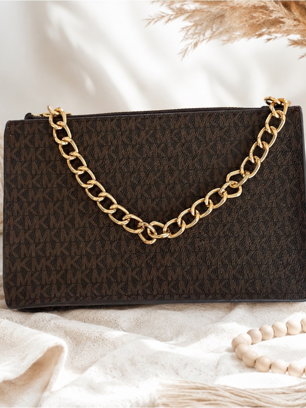 Michael Kors Signature Monogram Belt Bag Fanny Pack w/ Gold Chain